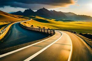 un' strada nel il montagne con un' tramonto. ai-generato foto