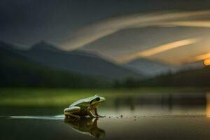 un' rana si siede su il bordo di un' lago a tramonto. ai-generato foto