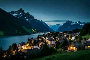 un' cittadina nel il montagne a notte. ai-generato foto