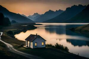 un' piccolo Casa si siede su il lato di un' lago a tramonto. ai-generato foto