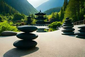 un' zen giardino nel il montagne. ai-generato foto