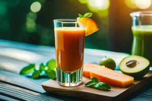 un' bicchiere di arancia succo e un' fetta di melone. ai-generato foto