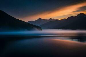 un' bellissimo tramonto al di sopra di un' lago con montagne nel il sfondo. ai-generato foto