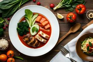 un' piatto di cibo con la verdura, carne e Riso. ai-generato foto