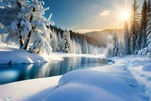 neve coperto alberi e un' fiume nel il inverno. ai-generato foto