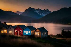 case su il riva di un' lago a tramonto. ai-generato foto