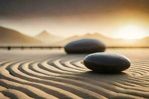 Due rocce nel il sabbia a tramonto. ai-generato foto