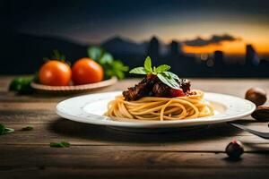 spaghetti con carne e pomodori su un' piatto. ai-generato foto