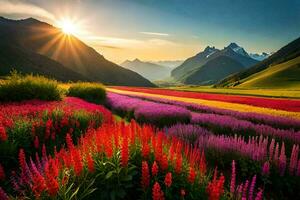 il sole brilla al di sopra di un' campo di colorato fiori. ai-generato foto