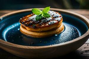 un' piatto con un' pancake su superiore di esso. ai-generato foto