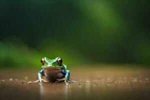 un' rana seduta su il terra con un' verde sfondo. ai-generato foto