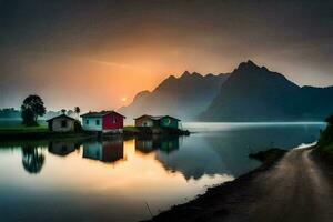 foto sfondo il cielo, montagne, acqua, il sole, Alba, il montagne, il lago. ai-generato