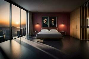 un' Camera da letto con un' Visualizza di il città a tramonto. ai-generato foto
