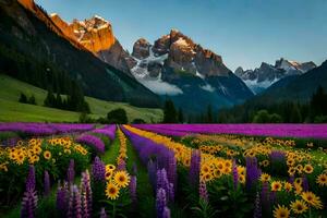 il girasole campo nel il montagne. ai-generato foto