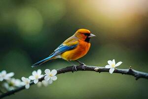 foto sfondo il uccello, fiori, molla, il sole, il uccello, il uccello, il. ai-generato