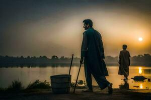 un' uomo e il suo figlio a piedi lungo il riva a tramonto. ai-generato foto