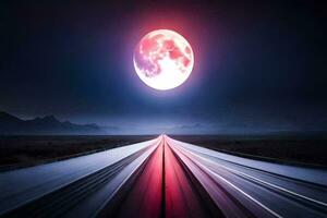 un' rosso Luna è visto al di sopra di un' strada nel il distanza. ai-generato foto