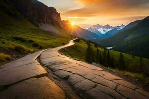 un' strada principale per un' montagna a tramonto. ai-generato foto