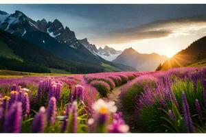 il sole sorge al di sopra di il montagne e il fiori siamo nel fioritura. ai-generato foto