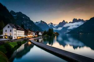 un' lago e montagna gamma a tramonto. ai-generato foto