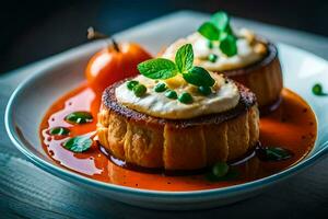 Due piccolo al forno patate con formaggio e salsa. ai-generato foto