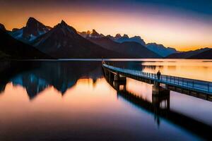 un' molo nel il mezzo di un' lago a tramonto. ai-generato foto