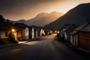 foto sfondo il cielo, montagne, strada, case, il villaggio, il strada, il villaggio. ai-generato