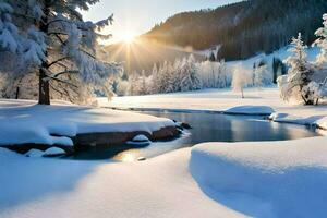 neve coperto alberi e un' fiume nel il inverno. ai-generato foto