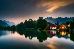 foto sfondo il cielo, montagne, lago, Casa, tramonto, il Casa, il lago,. ai-generato