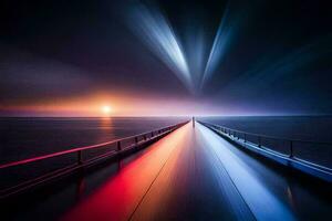un' lungo ponte con luci e un' luminosa luce. ai-generato foto