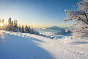 neve coperto alberi e il sole splendente al di sopra di un' nevoso paesaggio. ai-generato foto