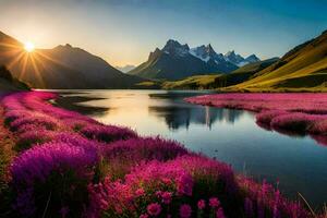 il sole brilla al di sopra di un' lago e viola fiori. ai-generato foto