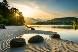 il sole sorge al di sopra di il lago e rocce nel il sabbia. ai-generato foto