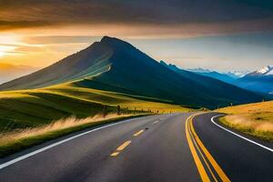 un' strada nel il montagne con un' tramonto. ai-generato foto