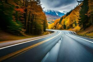 un' strada nel il montagne con autunno alberi. ai-generato foto