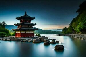 un' pagoda si siede su il riva di un' lago a crepuscolo. ai-generato foto