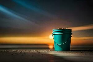 un' secchio di sabbia si siede su il spiaggia a tramonto. ai-generato foto