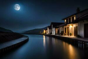 un' illuminato dalla luna fiume con case su o lato. ai-generato foto