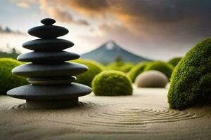 un' zen giardino con rocce e erba. ai-generato foto