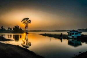 un' Casa su il acqua a tramonto. ai-generato foto