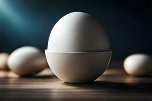 un uovo seduta su un' tavolo con altro uova. ai-generato foto