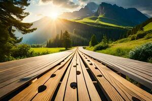 un' di legno ponte nel il montagne con sole splendente. ai-generato foto