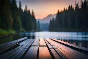 un' di legno bacino si siede su il bordo di un' lago a tramonto. ai-generato foto