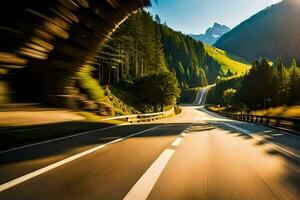 un' auto guida giù un' montagna strada. ai-generato foto