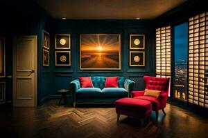 un' camera con blu muri e un' rosso sedia. ai-generato foto