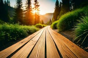 di legno sentiero nel il foresta a tramonto. ai-generato foto