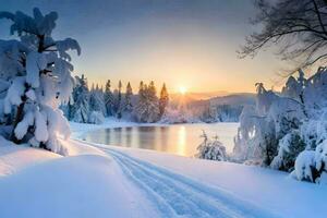 inverno paesaggio con neve coperto alberi e un' lago. ai-generato foto