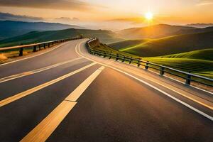 un' strada con il sole ambientazione al di sopra di il colline. ai-generato foto