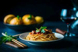 spaghetti con carne e verdure nel un' ciotola. ai-generato foto