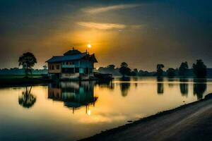 un' Casa si siede su il bordo di un' lago a tramonto. ai-generato foto